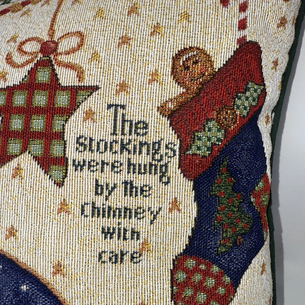 Christmas X-Mas Wishes Needlepoint Santa Seasons Throw Pillow 16X16 Green Back